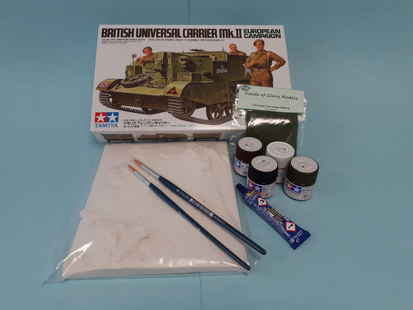 FoG GIFT SET Tamiya 1/35 scale WW2 British Universal carrier Military model Starter kit with Diorama base, paints, brush, glue and more
