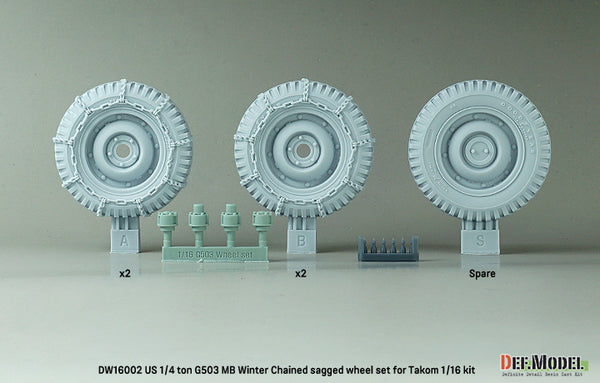 DEF Models scale 1/4 TON 4X4 G503 MB Winter chained sagged wheel set (for Takom 1/16)