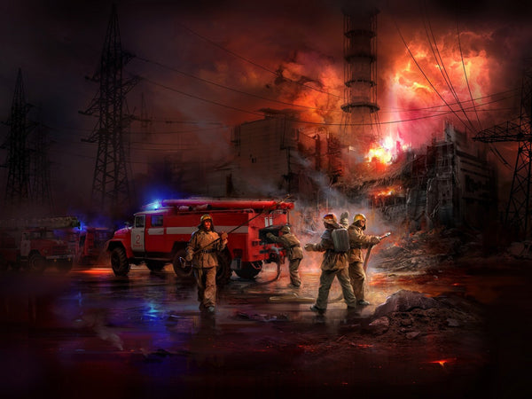 ICM 1/35 Chernobyl#2. Fire Fighters (AC-40-137A firetruck & 4 figures & diorama base with background)