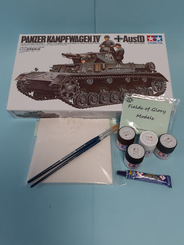 FoG GIFT SET Tamiya 1/35 scale WW2 German Pzkpw IV Ausf. D Tank Military model Starter kit with Diorama base, paints, brush, glue and more