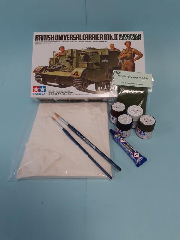 FoG GIFT SET Tamiya 1/35 scale WW2 British Universal carrier Military model Starter kit with Diorama base, paints, brush, glue and more