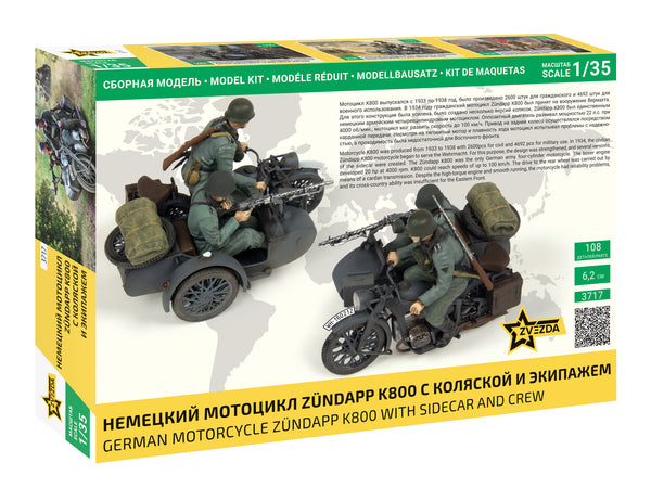 Zvezda 1/35 scale WW2 German WWII Zuendapp K800 Motorcycle with Sidecar & Crew