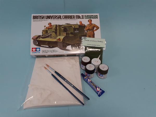 FoG GIFT SET Tamiya 1/35 scale WW2 British Universal carrier Military model Starter kit with Diorama base, paints, brush, glue and more