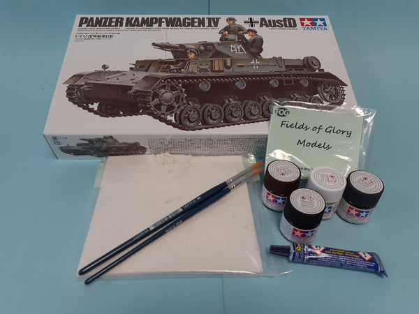 FoG GIFT SET Tamiya 1/35 scale WW2 German Pzkpw IV Ausf. D Tank Military model Starter kit with Diorama base, paints, brush, glue and more