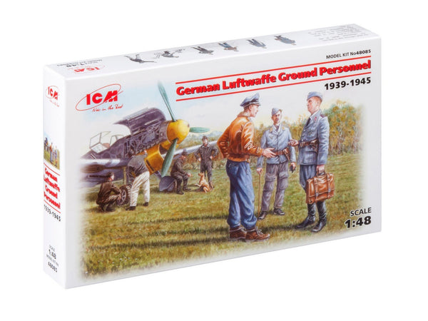 ICM 1/48 scale WW2 German Luftwaffe Ground Personnel (1939-1945) (7 figures - staff officer, 2 pilots, 4 mechanics, and dog figure)