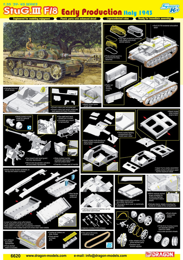 Dragon 1/35 WW2 StuG.III Ausf.F/8 Early Production Italy 1943 (Smart Kit) tank model kit