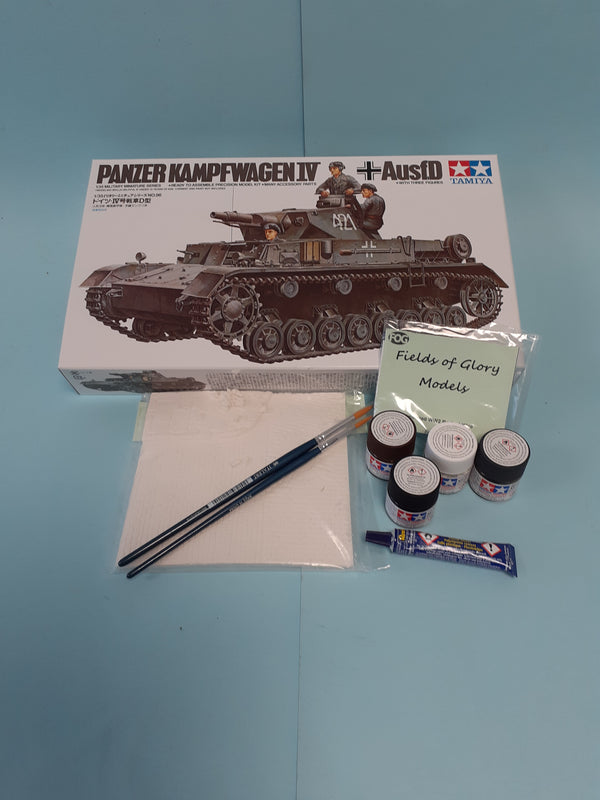 FoG GIFT SET Tamiya 1/35 scale WW2 German Pzkpw IV Ausf. D Tank Military model Starter kit with Diorama base, paints, brush, glue and more
