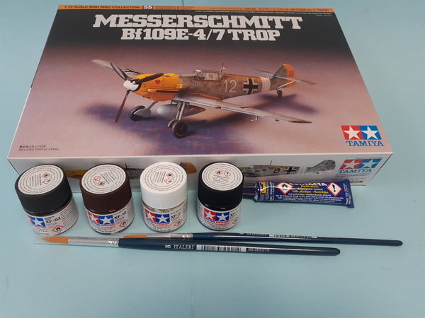 FoG GIFT SET Tamiya 1/35 scale WW2 German Messerschmitt aircraft model Starter kit with paints, brush, glue and more