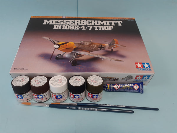 FoG GIFT SET Tamiya 1/35 scale WW2 German Messerschmitt aircraft model Starter kit with paints, brush, glue and more