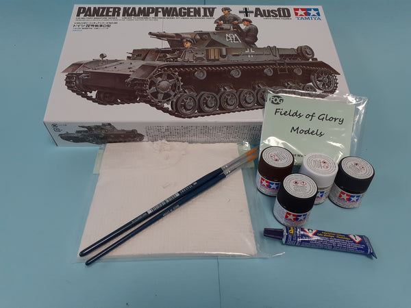 FoG GIFT SET Tamiya 1/35 scale WW2 German Pzkpw IV Ausf. D Tank Military model Starter kit with Diorama base, paints, brush, glue and more