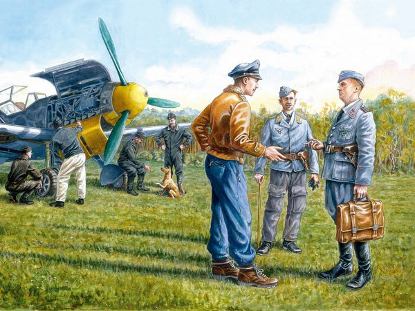 ICM 1/48 scale WW2 German Luftwaffe Ground Personnel (1939-1945) (7 figures - staff officer, 2 pilots, 4 mechanics, and dog figure)