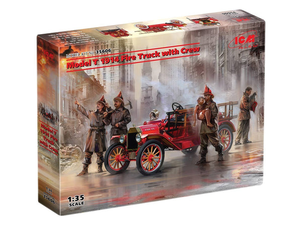 ICM 1/35 Model T 1914 Fire Truck with 4 Crew Figures, Boy & Cat