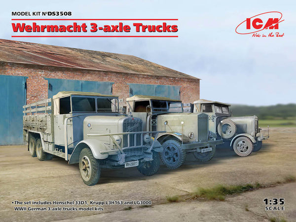 ICM 1/35 WW2 German Wehrmacht 3-axle Trucks (Henschel 33D1, Krupp L3H163, LG3000)