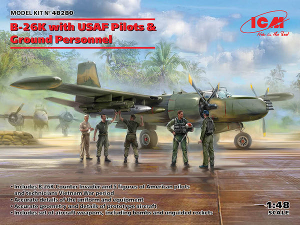 ICM 1/48th scale plastic kit of a USAF B-26K Counter Invader with & Ground Personnel