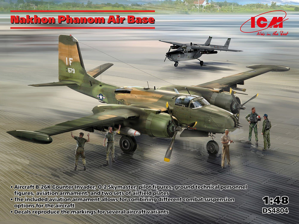 ICM 1/48 Nakhon Phanom Air Base Set (B-26K, O-2 Skymaster, Figures & Airfield Plates)