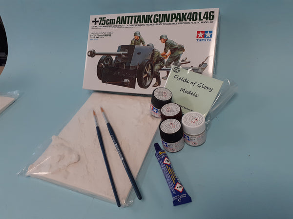 FoG GIFT SET Tamiya 1/35 scale WW2 German 75mm Anti Tank Gun PAK40 L46 Military model Starter kit with Diorama base, paints, brush, glue and more