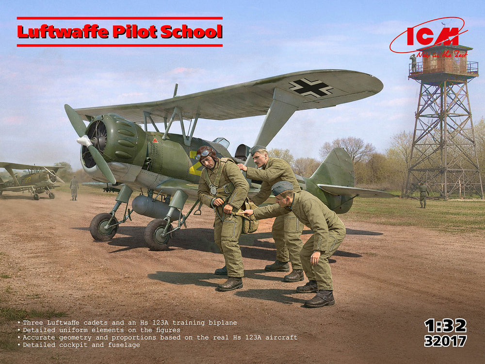 ICM VEHICLES 1:35 Luftwaffe Pilot School (Hs 123A Training Biplane & 3 Figures)