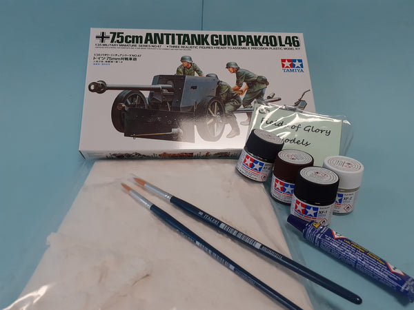 FoG GIFT SET Tamiya 1/35 scale WW2 German 75mm Anti Tank Gun PAK40 L46 Military model Starter kit with Diorama base, paints, brush, glue and more