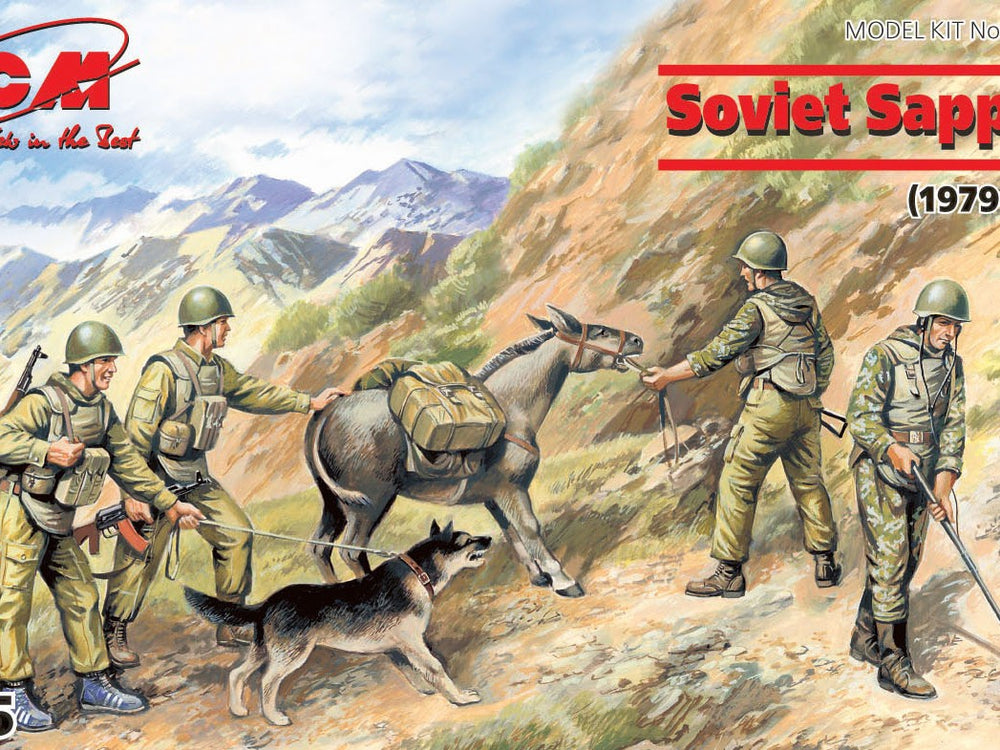 ICM 1/35 Cold War Soviet Sappers (1979-1988) (4 figures - 3 soldiers, 1 sapper, donkey figure, dog figure)