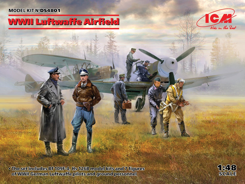 ICM 1/48 WW2 Luftwaffe Airfield (Messerschmitt Bf 109F-4, Hs 126 B-1, German Luftwaffe Pilots and Ground Personnel (7 figures))