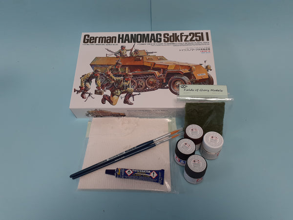 FoG GIFT SET Tamiya 1/35 scale WW2 German Hanomag Sd.Kfz. 251/1 Military model Starter kit with Diorama base, paints, brush, glue and more