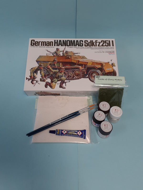 FoG GIFT SET Tamiya 1/35 scale WW2 German Hanomag Sd.Kfz. 251/1 Military model Starter kit with Diorama base, paints, brush, glue and more