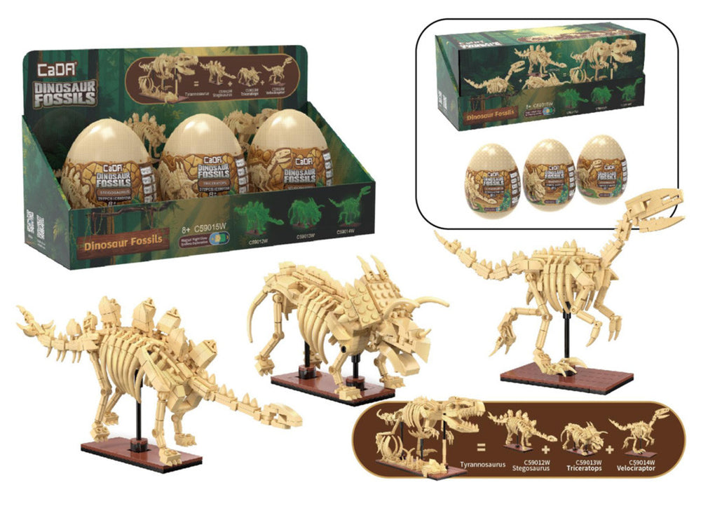 CADA CREATIVE Tray of 3 Dinosaur Eggs with Stegosaurus, Triceratops & Velociraptor
