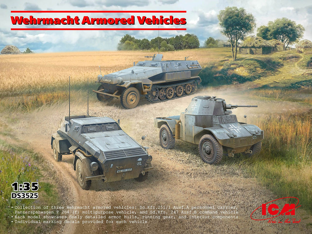 ICM 1/35 WW2 German Wehrmacht Armoured Vehicles (Sd.Kfz.251/1 Ausf.A, Panzerspähwagen P 204 (f), Sd.Kfz. 247 Ausf.B)