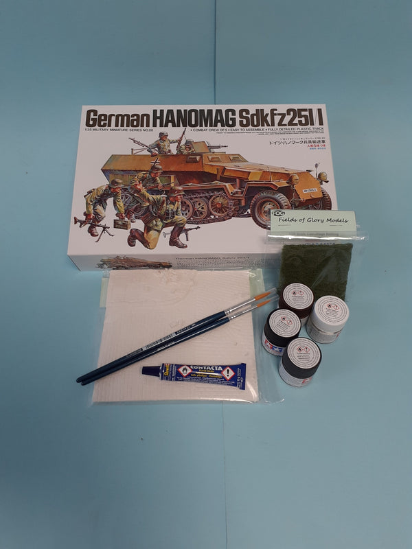 FoG GIFT SET Tamiya 1/35 scale WW2 German Hanomag Sd.Kfz. 251/1 Military model Starter kit with Diorama base, paints, brush, glue and more