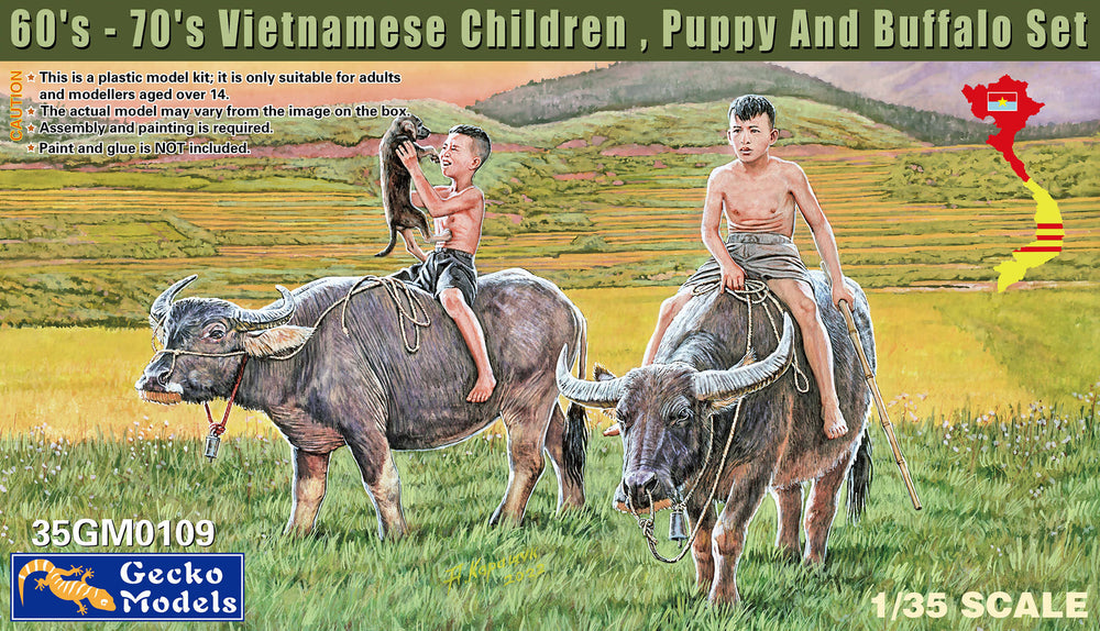 Gecko Models 1/35 60's – 70's Vietnamese Children , Puppy And Buffalo Set