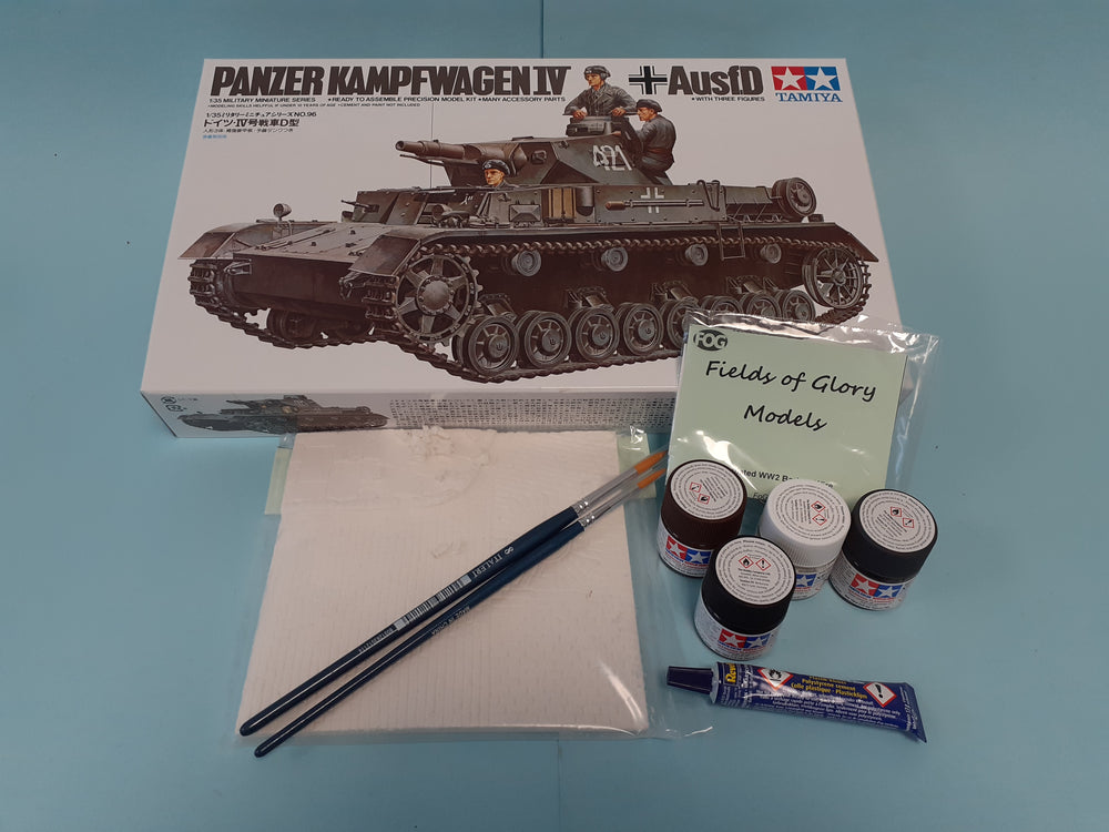 FoG GIFT SET Tamiya 1/35 scale WW2 German Pzkpw IV Ausf. D Tank Military model Starter kit with Diorama base, paints, brush, glue and more