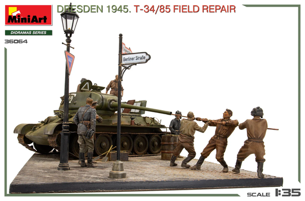 Miniart 1/35 scale WW2 Diorama kit 'Dresden 1945' T34/85 Field Repair Big Set