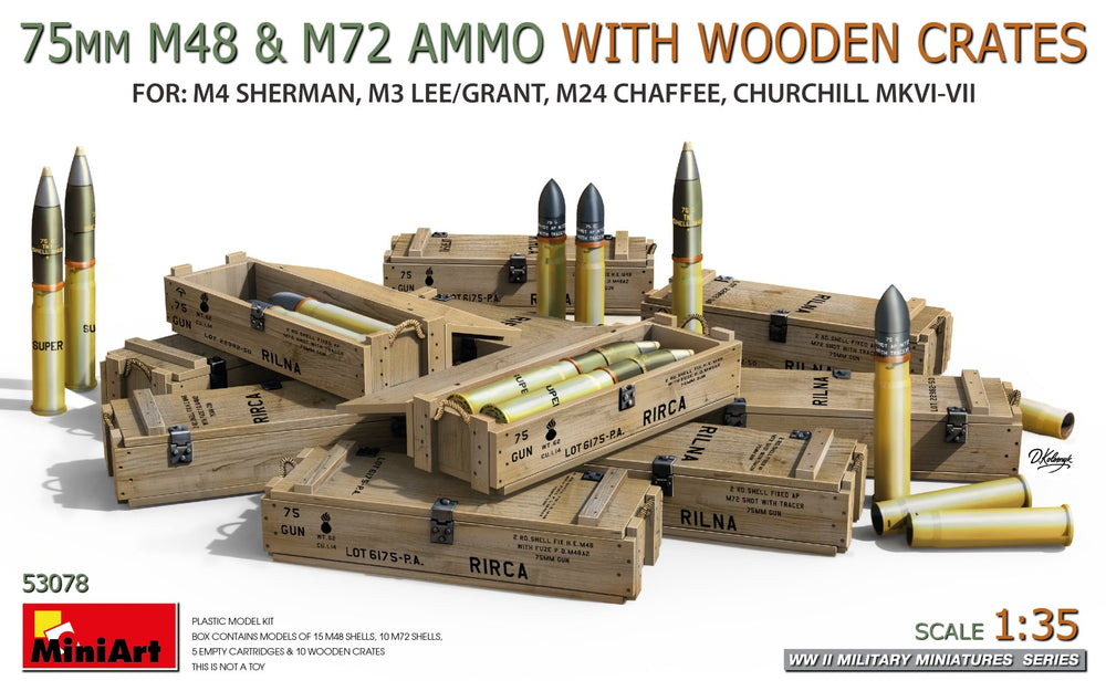 Miniart 1/35 scale WW2 Allied 75mm M48 and M72 ammunition and wooden crates