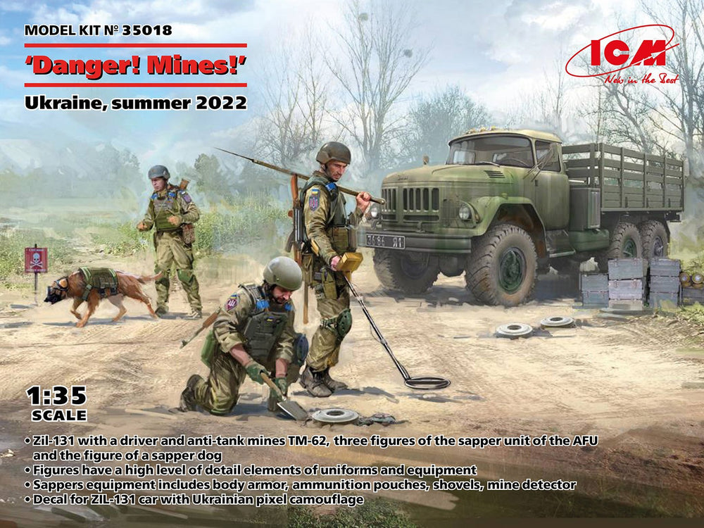 ICM 1/35 "Danger! Mines!" Ukraine, Summer 2022 (ZiL-131 with Driver, AFU Sappers, Dog, Mines & Accessories)