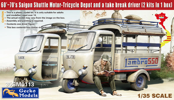 Gecko 1/35 scale 60’~70’s Saigon Shuttle Motor-Tricycle depot and tAK-e a breAK- driver (2 kits in 1box)
