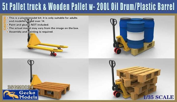 Gecko Models 1/35 Pallet Truck with Wooden Pallets and 200L Oil Drums # 0034