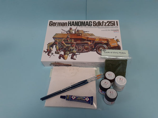 FoG GIFT SET Tamiya 1/35 scale WW2 German Hanomag Sd.Kfz. 251/1 Military model Starter kit with Diorama base, paints, brush, glue and more