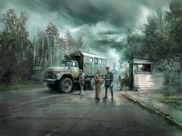 ICM 1/35 Chernobyl#1. Radiation Monitoring Station (ZiL-131KShM truck & 5 figures & diorama base with background)