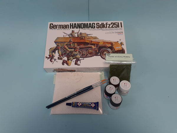 FoG GIFT SET Tamiya 1/35 scale WW2 German Hanomag Sd.Kfz. 251/1 Military model Starter kit with Diorama base, paints, brush, glue and more