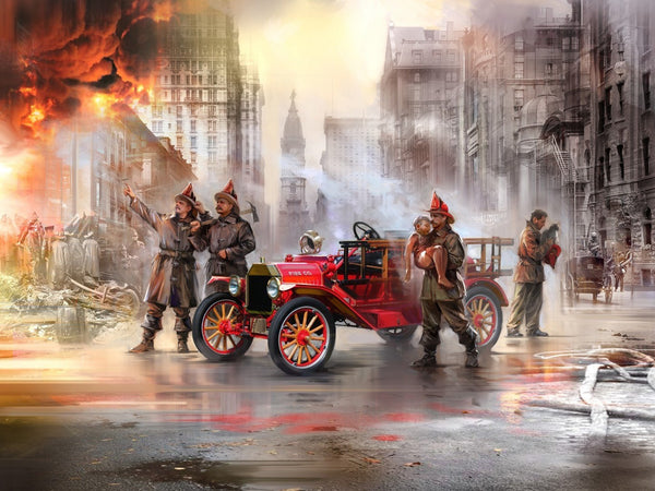 ICM 1/35 Model T 1914 Fire Truck with 4 Crew Figures, Boy & Cat