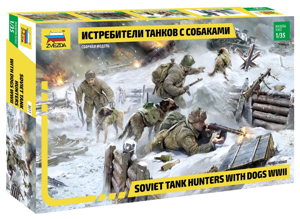 Zvezda 1/35 scale WW2 Soviet Tank Hunters with Dogs (3 Figures & 3 Dogs)