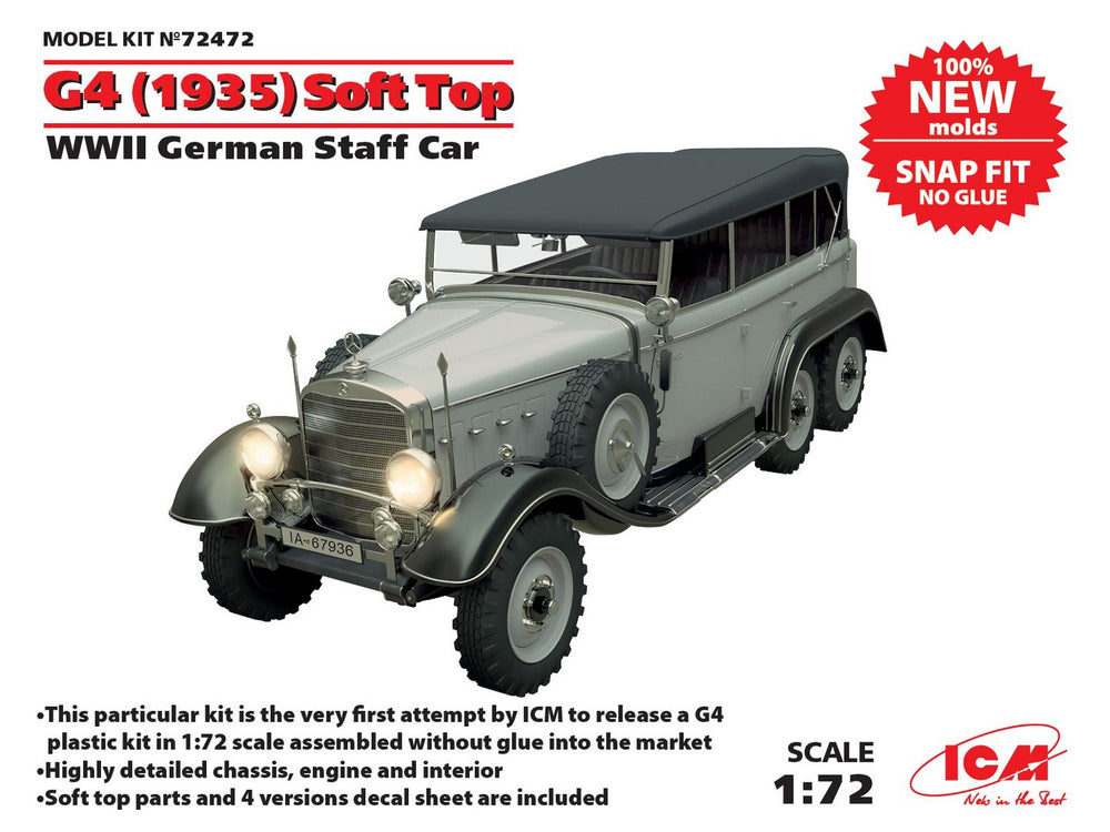 ICM 1/72 scale G4 (1935 production) Soft Top, WWII German Staff Car, snap fit/no glue
