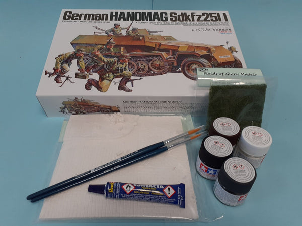 FoG GIFT SET Tamiya 1/35 scale WW2 German Hanomag Sd.Kfz. 251/1 Military model Starter kit with Diorama base, paints, brush, glue and more