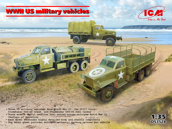 ICM DIORAMA SETS WWII U.S. Military Vehicles, G7117, Studebaker US6-U3, Studebaker US6-U5 (Set of 3 Trucks)