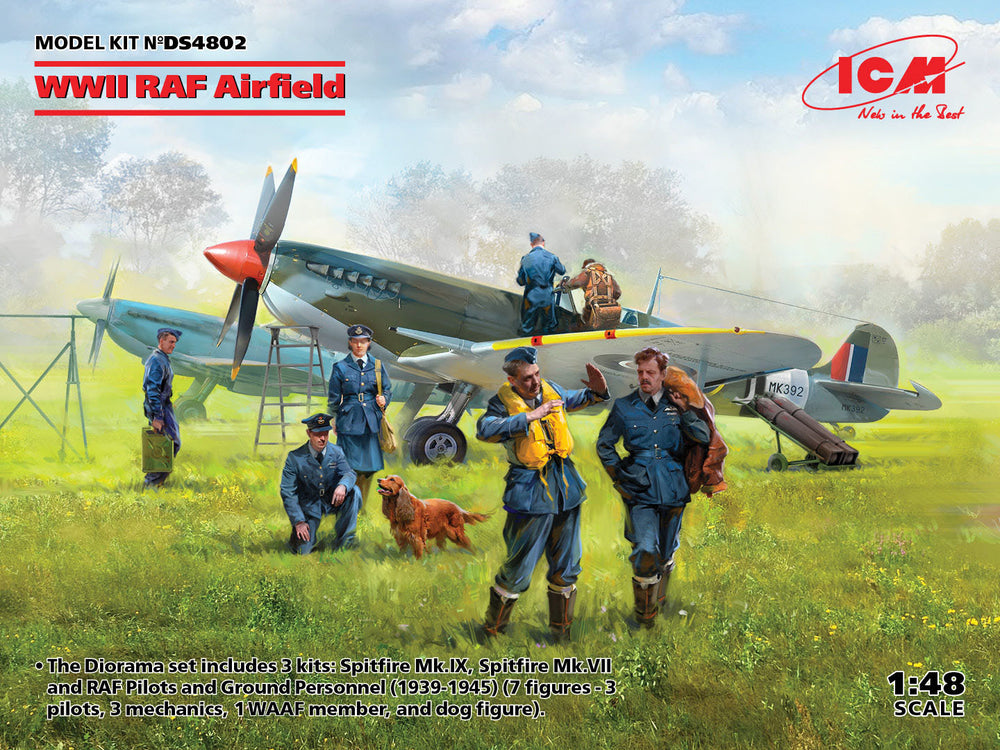 ICM DIORAMA SET 1/48 WWII RAF Airfield Diorama Set with 7 Figures & 2 Spitfires