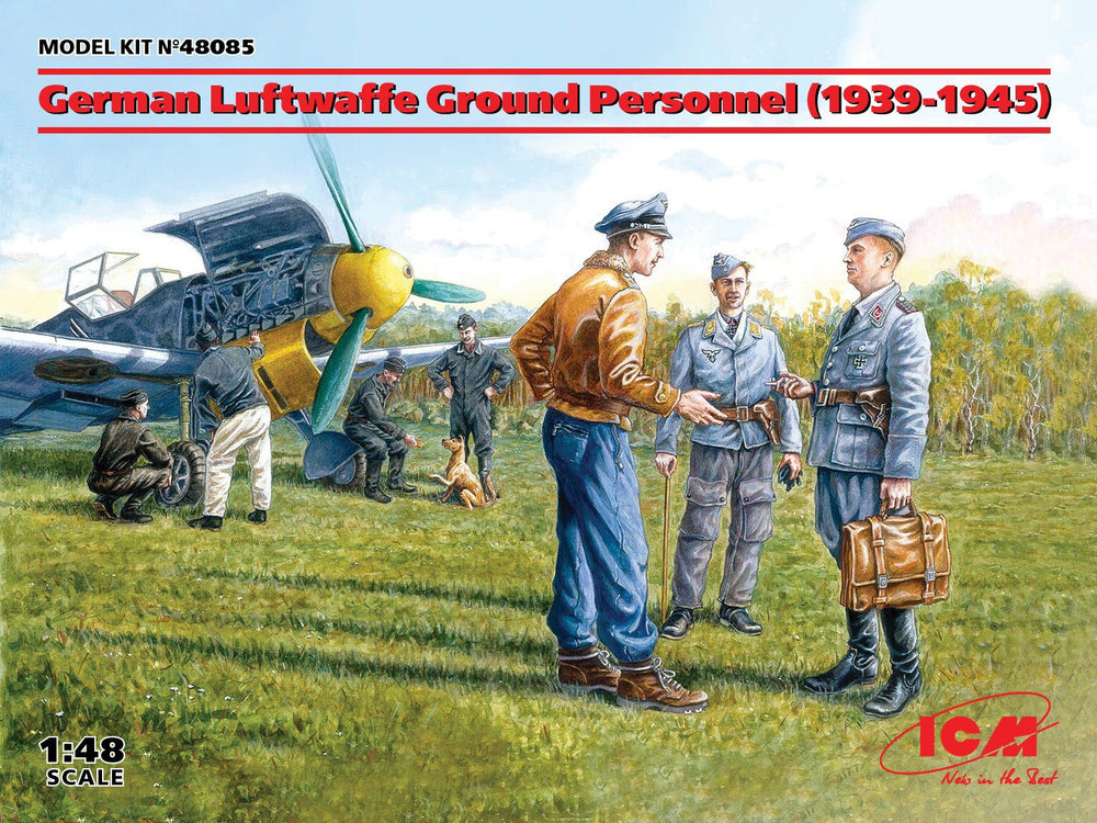ICM 1/48 scale WW2 German Luftwaffe Ground Personnel (1939-1945)  (7 figures -  staff officer, 2 pilots, 4 mechanics, and dog figure)