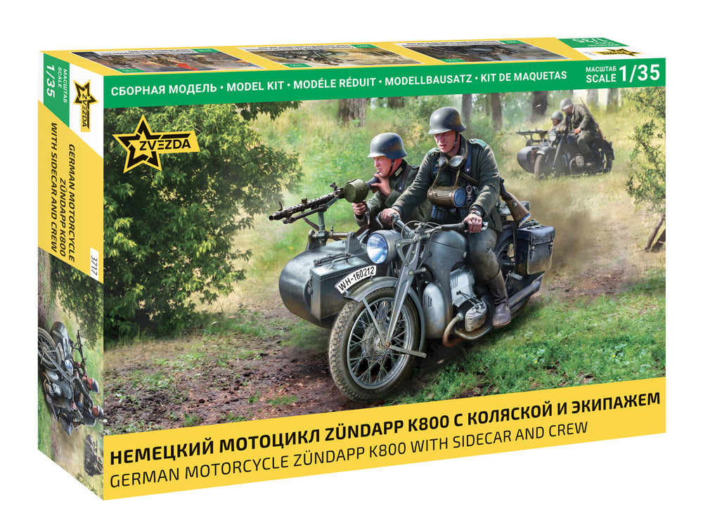 Zvezda 1/35 scale WW2 German WWII Zuendapp K800 Motorcycle with Sidecar & Crew
