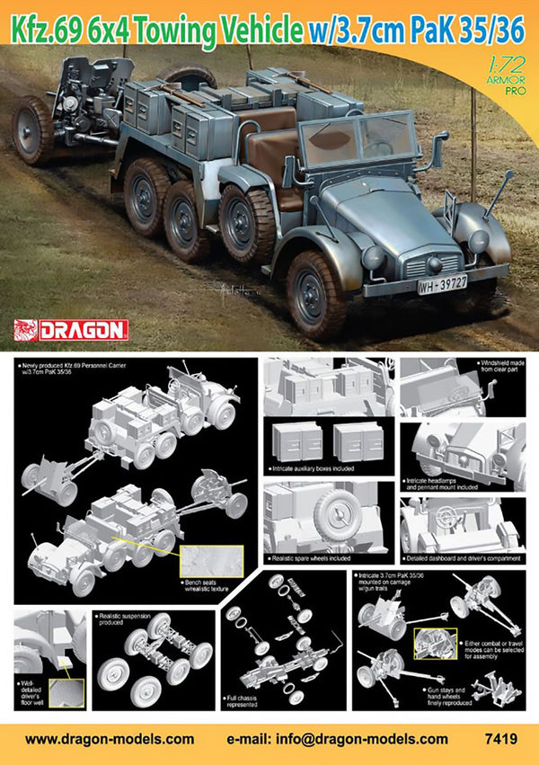 Dragon 1/72 scale WW2 German KFZ.69 6X4 Truck & 3.7cm PAK