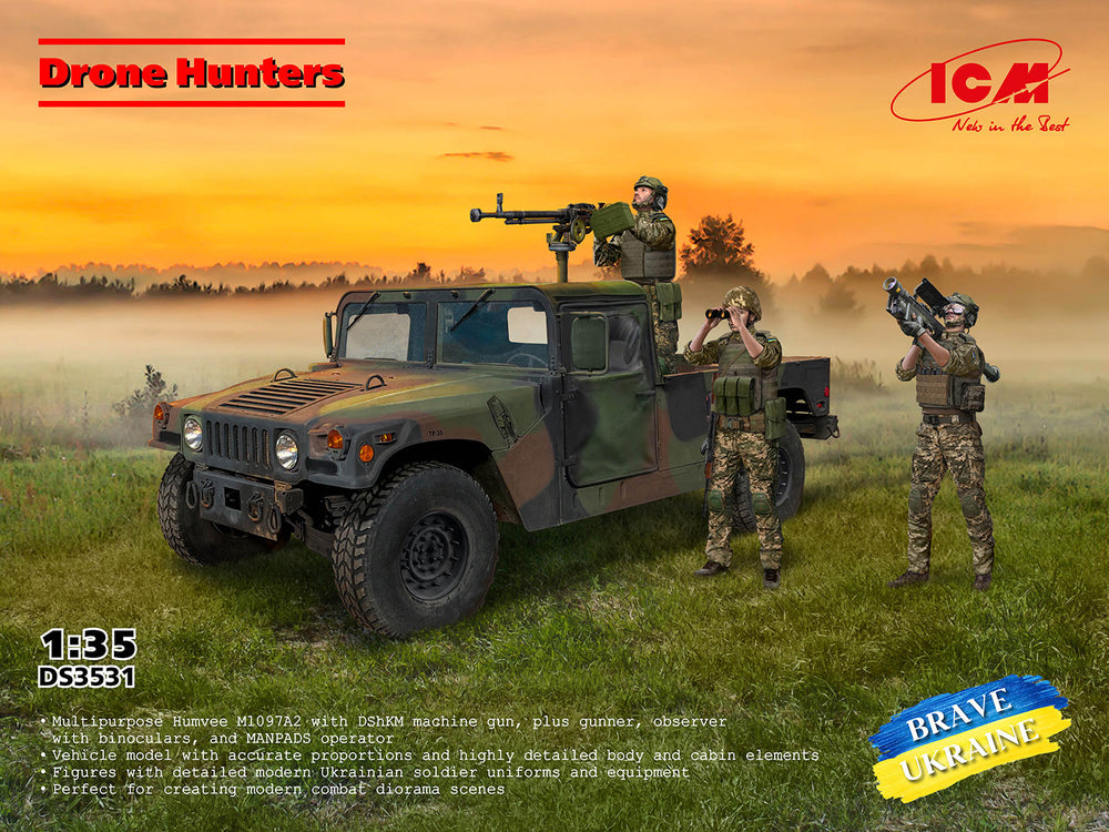 ICM VEHICLES 1:35 Drone Hunters’ Humvee M1097A2 Cargo Carrier, DShKM & Crew Figures)