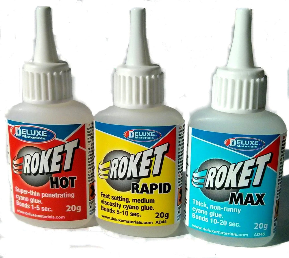 Deluxe Materials Roket Cyano Bargain Glue Pack Rocket super glue 3 x 20g bottles